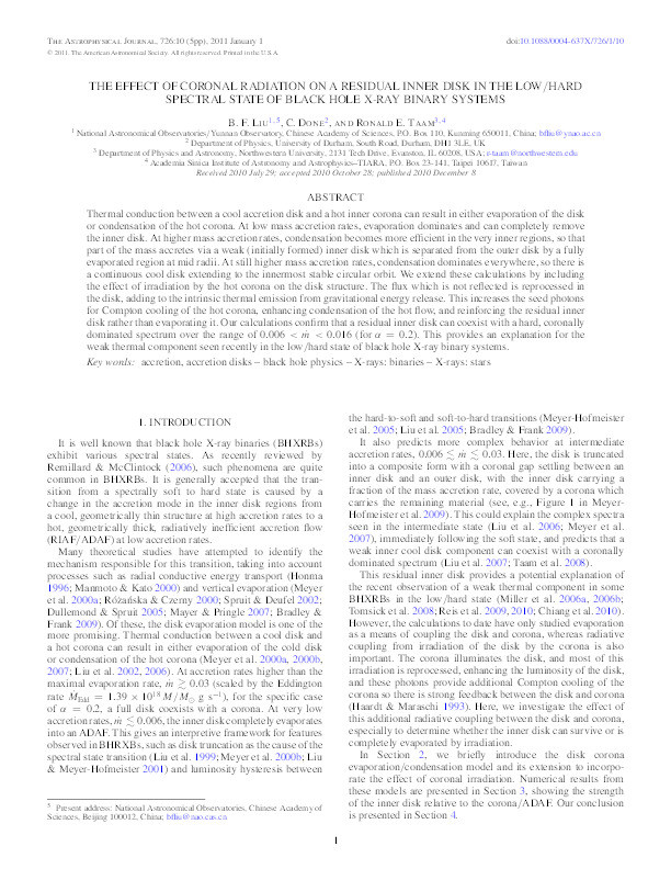 The Effect of Coronal Radiation on a Residual Inner Disk in the Low/Hard Spectral State of Black Hole X-ray Binary Systems Thumbnail