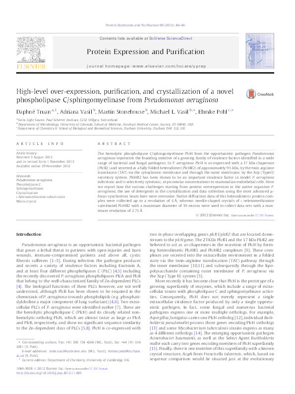 High-level over-expression, purification, and crystallization of a novel phospholipase C/sphingomyelinase from Pseudomonas aeruginosa Thumbnail
