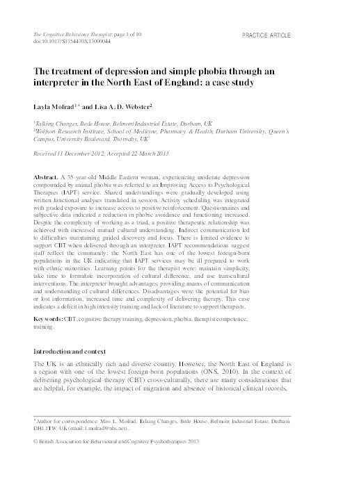 The treatment of depression and simple phobia through an interpreter in the North East of England : a case study Thumbnail