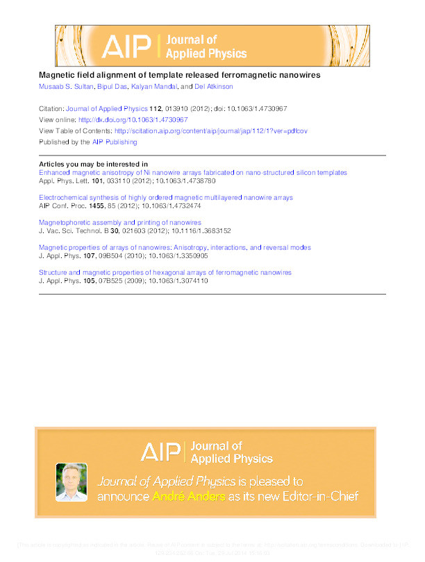 Magnetic field alignment of template released ferromagnetic nanowires Thumbnail