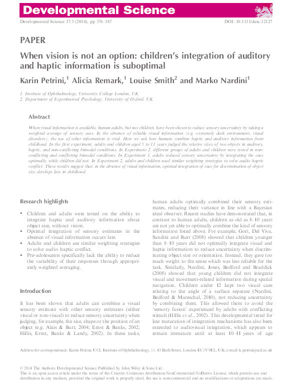 When vision is not an option: children's integration of auditory and haptic information is suboptimal Thumbnail