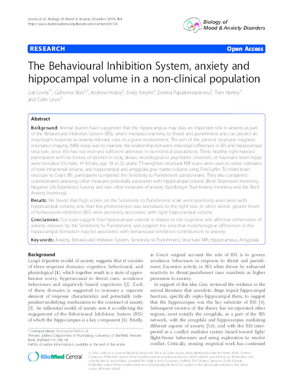 The Behavioural Inhibition System, anxiety and hippocampal volume in a non-clinical population Thumbnail