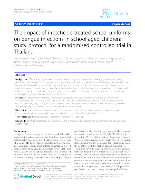 The impact of insecticide-treated school uniforms on dengue infections in school-aged children: study protocol for a randomised controlled trial in Thailand Thumbnail
