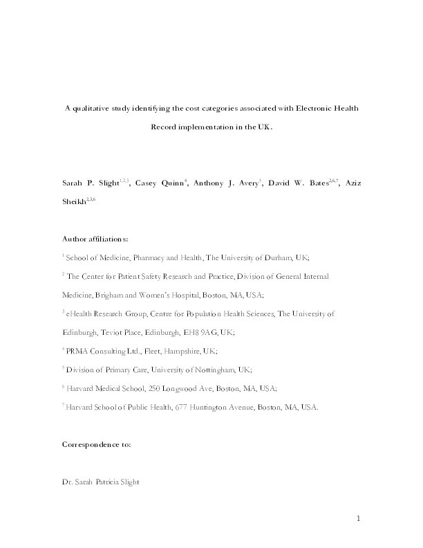 A qualitative study identifying the cost categories associated with Electronic Health Record implementation in the UK Thumbnail