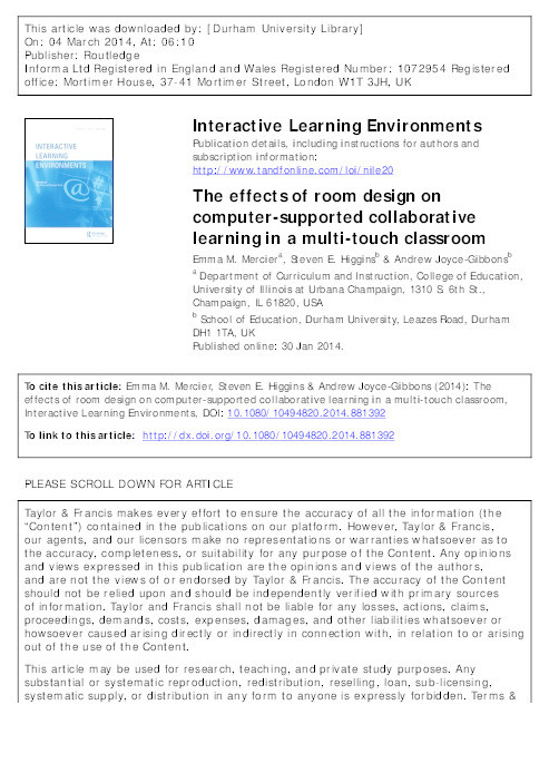 The effects of room design on computer-supported collaborative learning in a multi-touch classroom Thumbnail