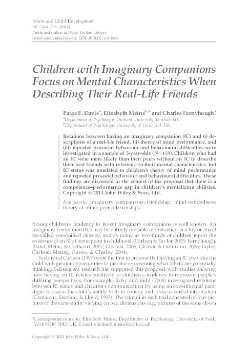 Children with imaginary companions focus on mental characteristics when describing their real-life friends Thumbnail