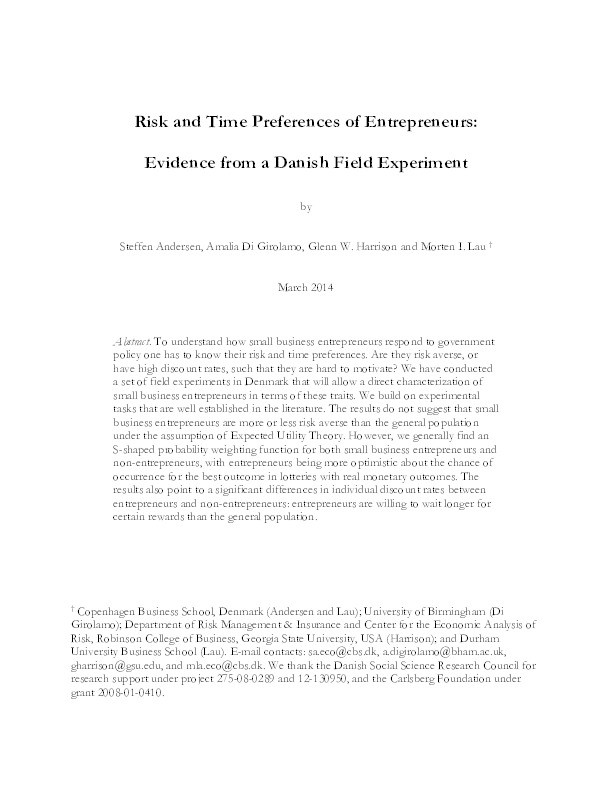 Risk and Time Preferences of Entrepreneurs Thumbnail