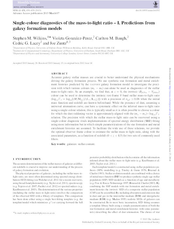 Single-colour diagnostics of the mass-to-light ratio - I. Predictions from galaxy formation models Thumbnail