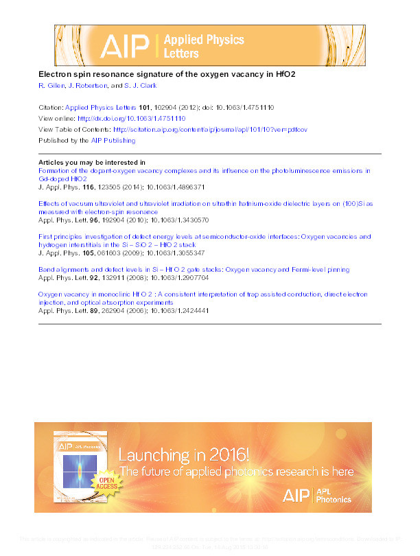 Electron spin resonance signature of the oxygen vacancy in HfO2 Thumbnail