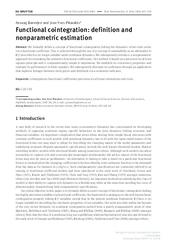 Functional cointegration: definition and nonparametric estimation Thumbnail
