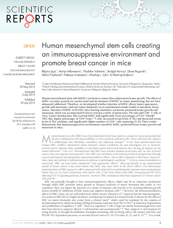 Human mesenchymal stem cells creating an immunosuppressive environment and promote breast cancer in mice Thumbnail