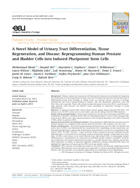 A novel model of urinary tract differentiation, tissue regeneration, and disease: reprogramming human prostate and bladder cells into induced pluripotent stem cells Thumbnail