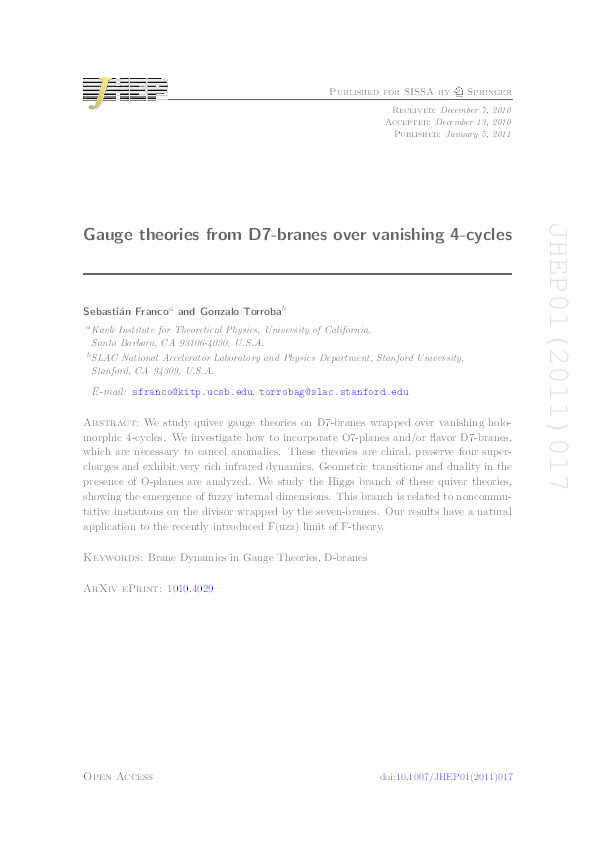Gauge theories from D7-branes over vanishing 4-cycles Thumbnail