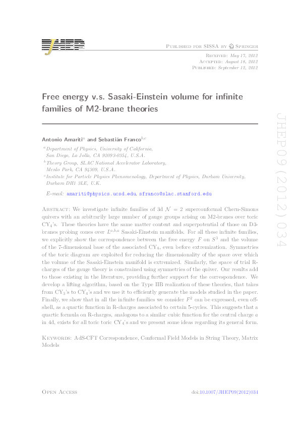 Free energy v.s. Sasaki-Einstein volume for infinite families of M2-brane theories Thumbnail