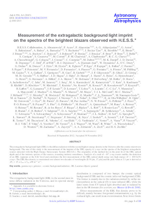 Measurement of the extragalactic background light imprint on the spectra of the brightest blazars observed with H.E.S.S Thumbnail