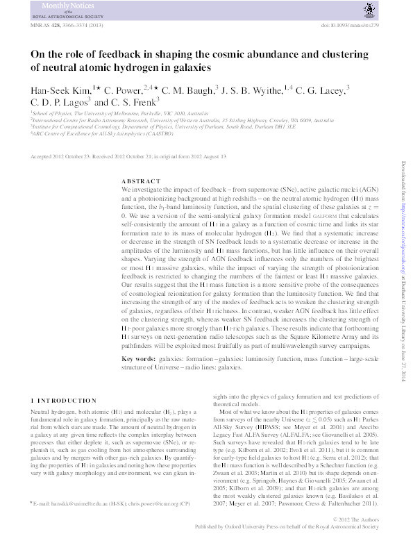 On the role of feedback in shaping the cosmic abundance and clustering of neutral atomic hydrogen in galaxies Thumbnail