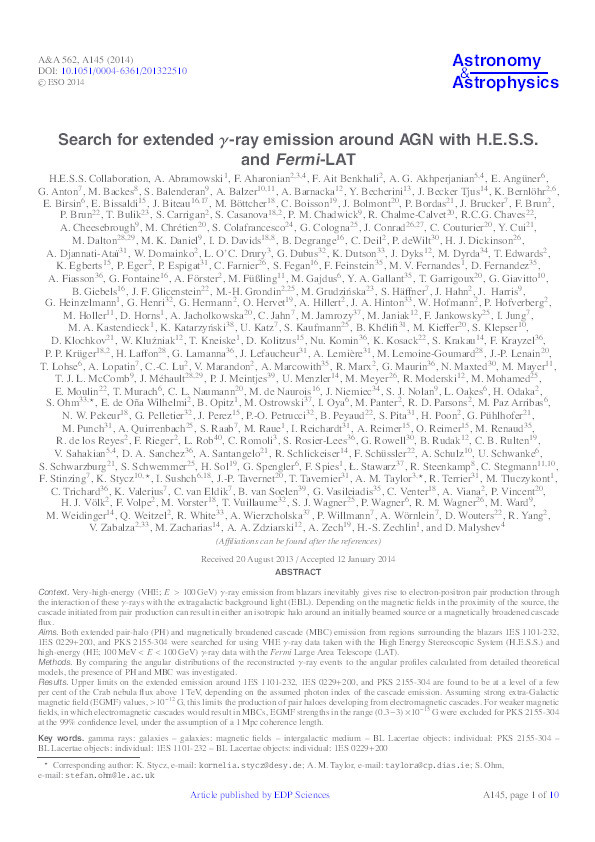 Search for extended γ-ray emission around AGN with H.E.S.S. and Fermi-LAT Thumbnail