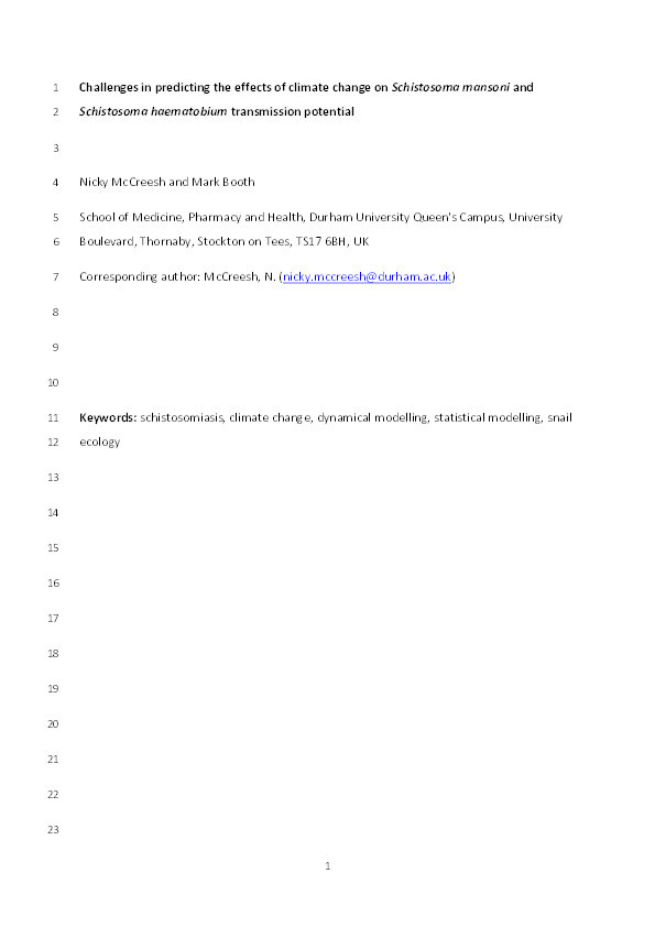 Challenges in predicting the effects of climate change on Schistosoma mansoni and Schistosoma haematobium transmission potential Thumbnail