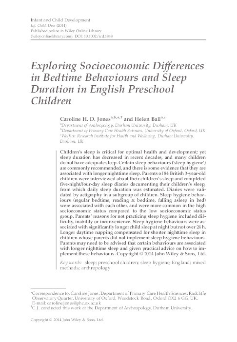 Exploring socioeconomic differences in bedtime behaviours and sleep duration in English preschool children Thumbnail