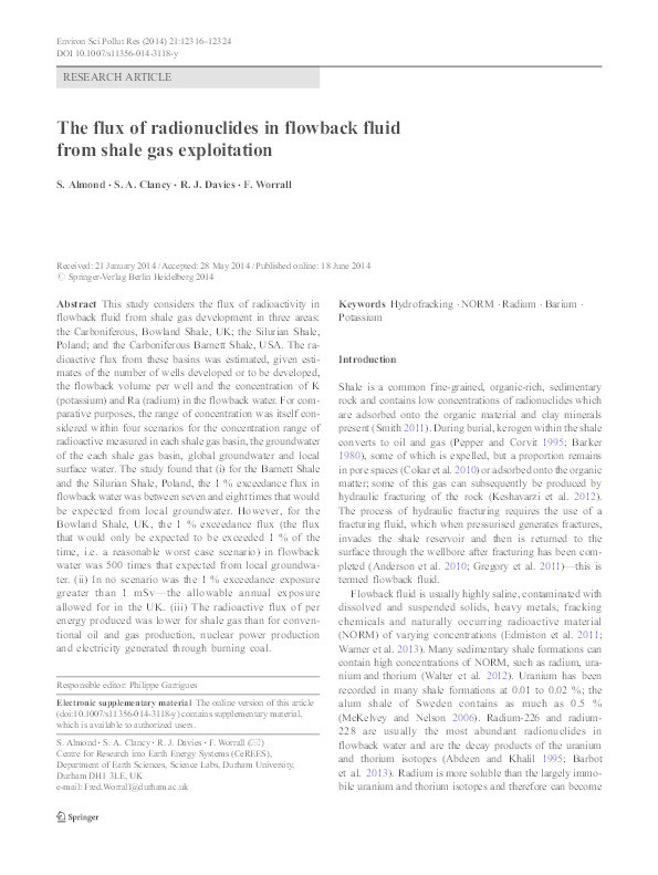 The flux of radionuclides in flowback fluid from shale gas exploitation Thumbnail