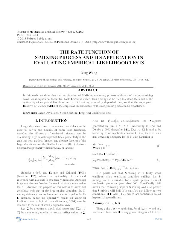 The Rate Function of S-mixing Process and Its Application in Evaluating Empirical Likelihood Tests Thumbnail