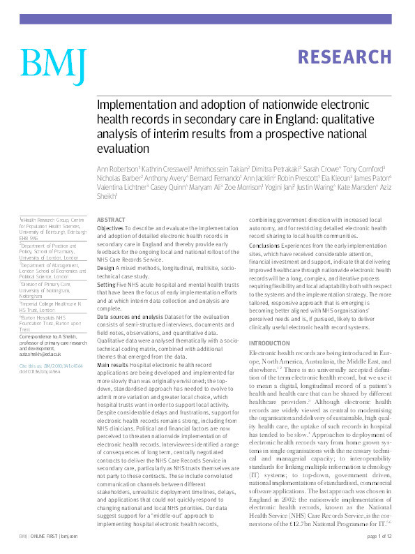 Implementation and adoption of nationwide electronic health records in secondary care in England: qualitative analysis of interim results from a prospective national evaluation Thumbnail