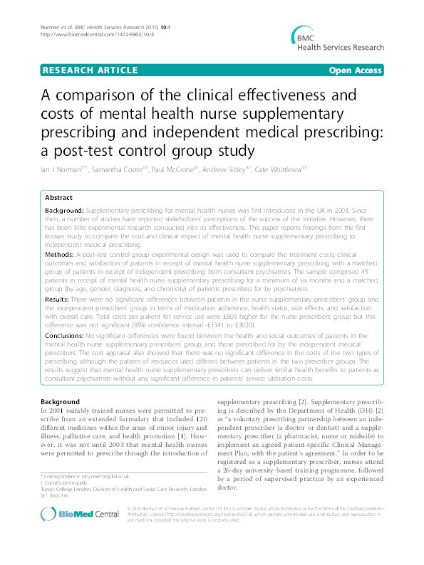 A comparison of the clinical effectiveness and costs of mental health nurse supplementary prescribing and independent medical prescribing: a post-test control group study Thumbnail