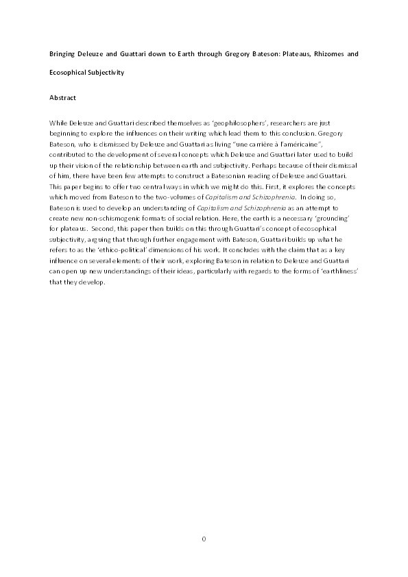 Bringing Deleuze and Guattari down to Earth through Gregory Bateson: Plateaus, Rhizomes and Ecosophical Subjectivity Thumbnail