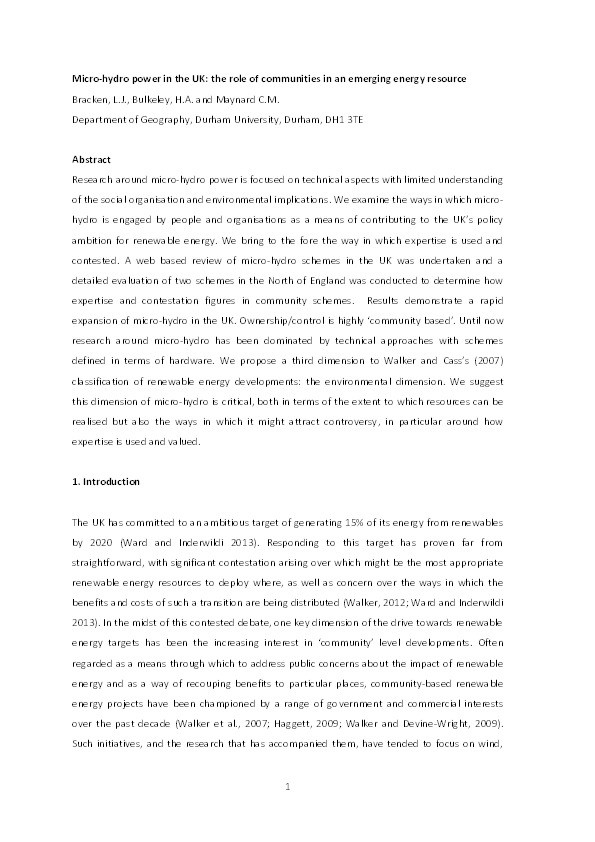 Micro-hydro power in the UK: The role of communities in an emerging energy resource Thumbnail