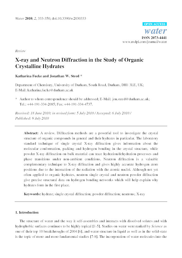X-ray and neutron diffraction in the study of organic crystalline hydrates Thumbnail