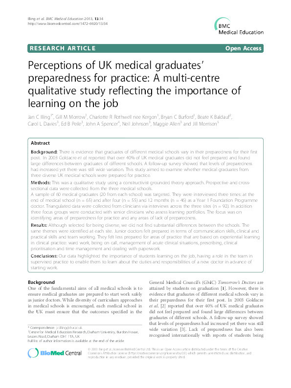 Perceptions of UK medical graduates' preparedness for practice: A multi-centre qualitative study reflecting the importance of learning on the job Thumbnail