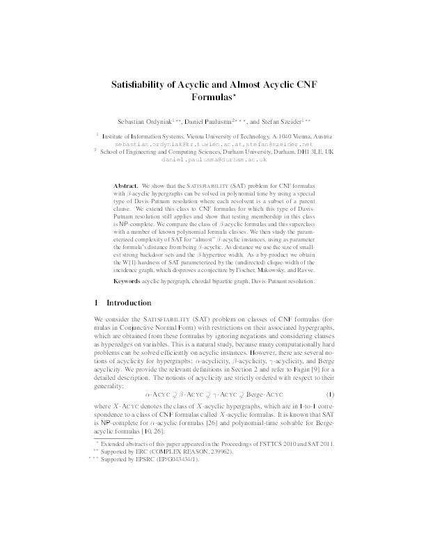 Satisfiability of acyclic and almost acyclic CNF formulas Thumbnail