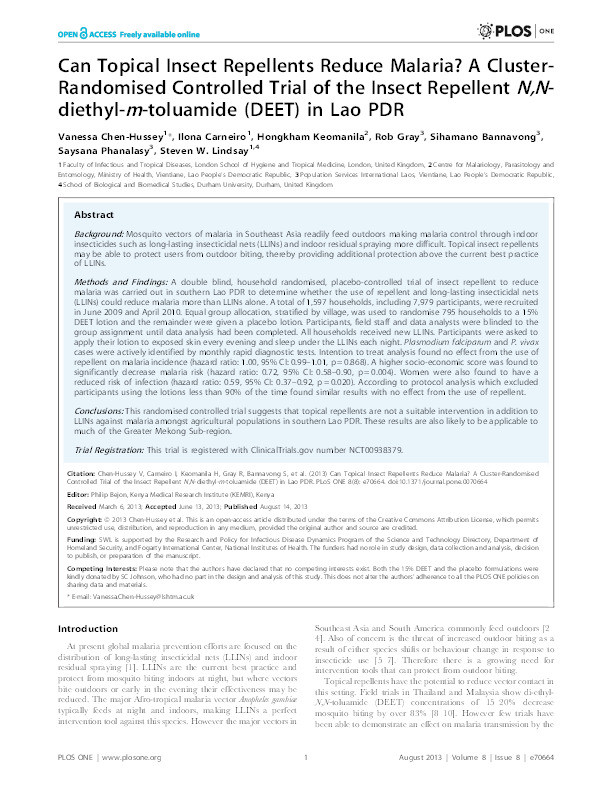 Can Topical Insect Repellents Reduce Malaria? A Cluster-Randomised Controlled Trial of the Insect Repellent N,N-diethyl-m-toluamide (DEET) in Lao PDR Thumbnail