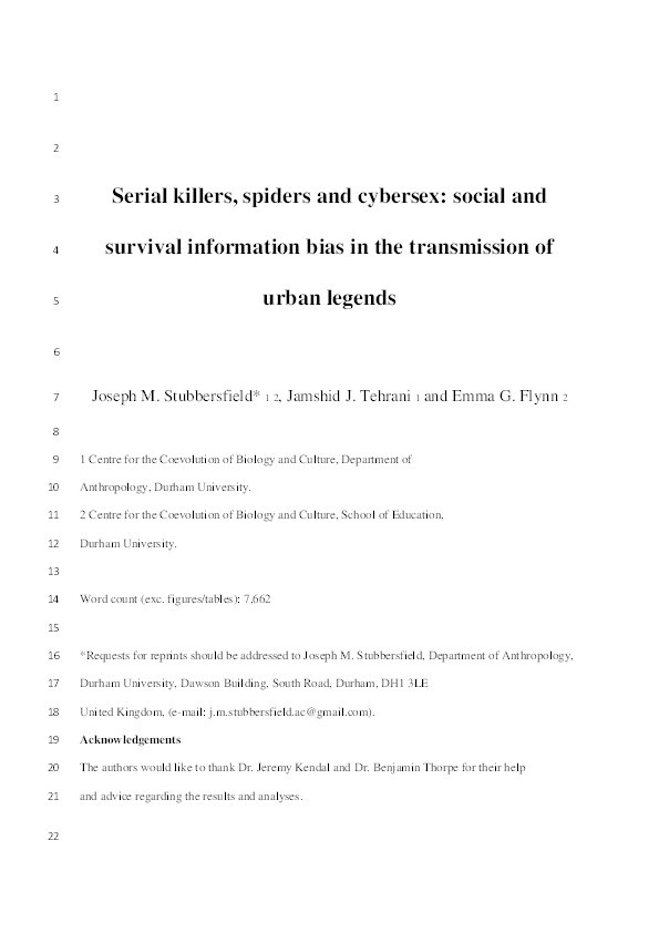 Serial killers, spiders and cybersex : social and survival information bias in the transmission of urban legends Thumbnail