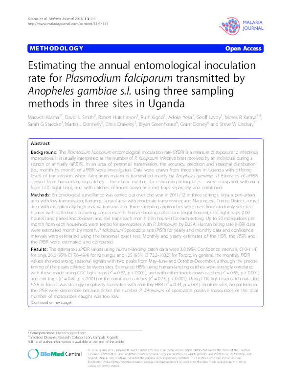 Estimating the annual entomological inoculation rate for Plasmodium falciparum transmitted by Anopheles gambiae s.l. using three sampling methods in three sites in Uganda Thumbnail