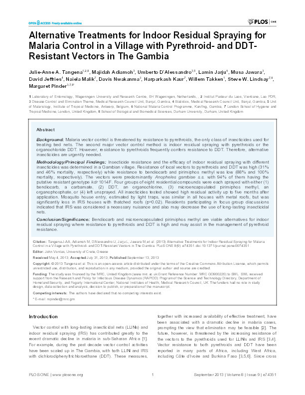 Alternative Treatments for Indoor Residual Spraying for Malaria Control in a Village with Pyrethroid- and DDT-Resistant Vectors in The Gambia Thumbnail