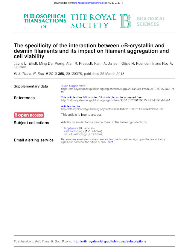 The specificity of the interaction between αB-crystallin and desmin filaments and its impact on filament aggregation and cell viability Thumbnail