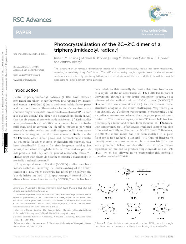 Photocrystallisation of the 2C-2'C dimer of a triphenylimidazolyl radical Thumbnail