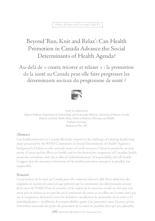 Beyond ‘Run, Knit and Relax’: Can Health Promotion in Canada Advance the Social Determinants of Health Agenda? Thumbnail