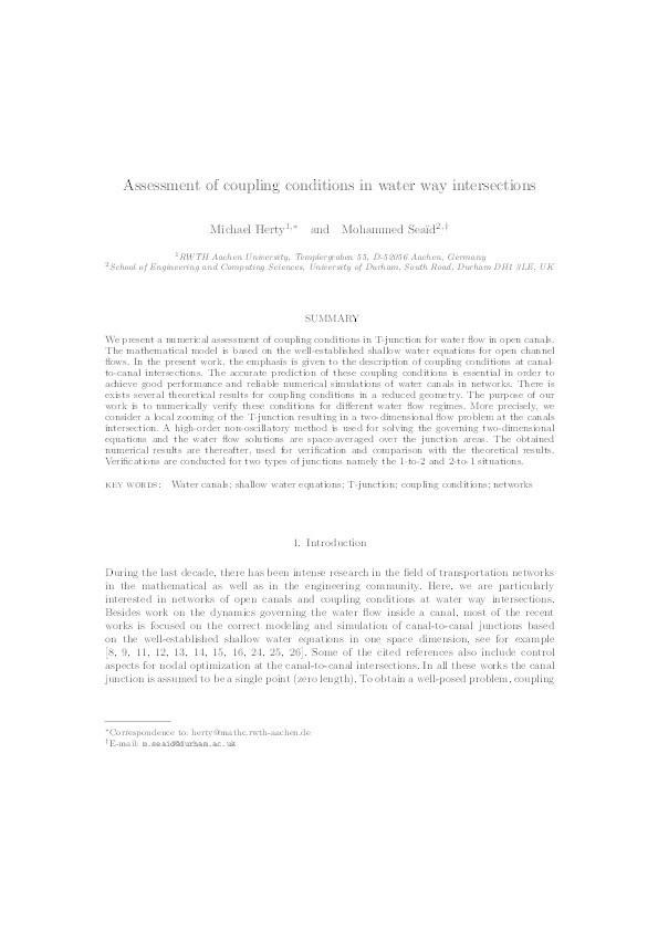 Assessment of coupling conditions in water way intersections Thumbnail