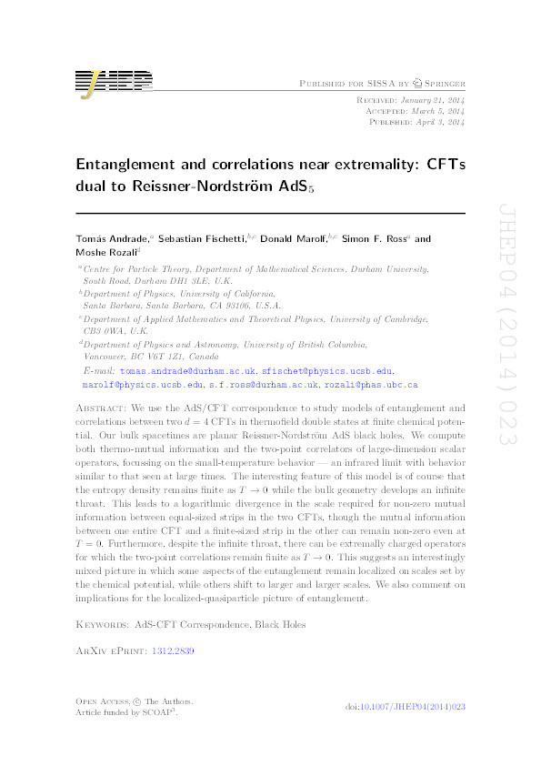 Entanglement and correlations near extremality: CFTs dual to Reissner-Nordström AdS5 Thumbnail