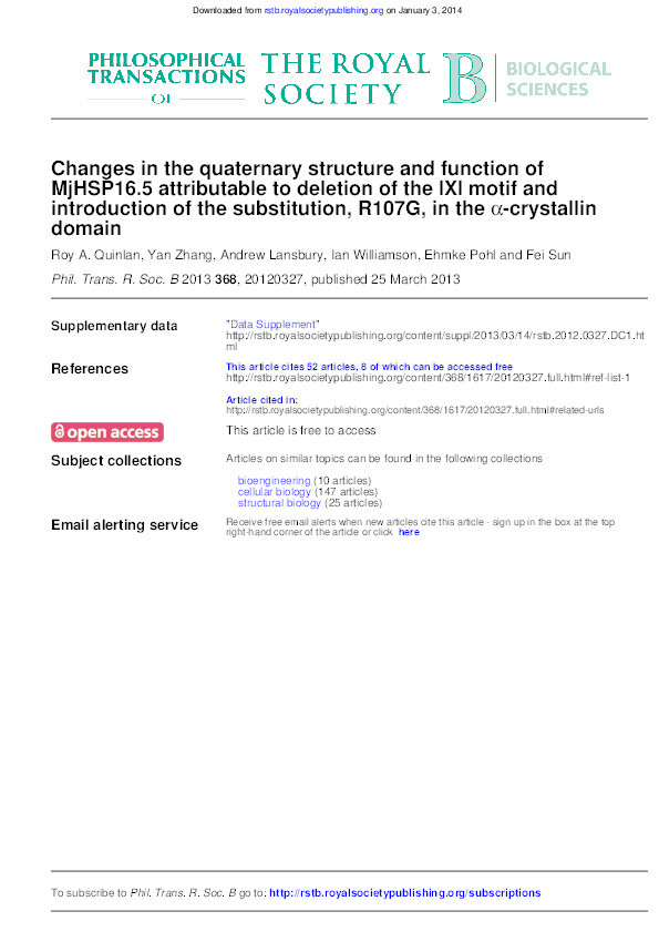 Changes in the quaternary structure and function of MjHSP16.5 attributable to deletion of the I–X–I motif and introduction of the substitution, R107G in the a-crystallin domain Thumbnail