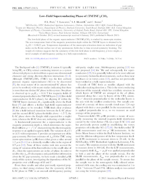 Low-Field Superconducting Phase of (TMTSF)2ClO4 Thumbnail