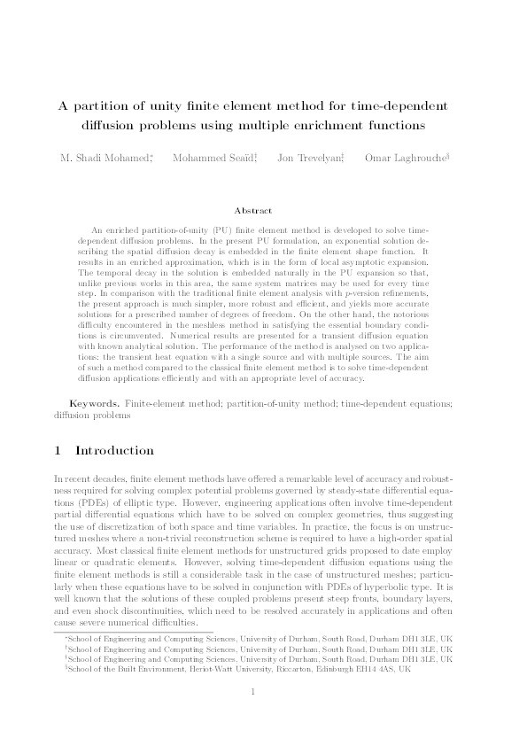 A partition of unity FEM for time-dependent diffusion problems using multiple enrichment functions Thumbnail