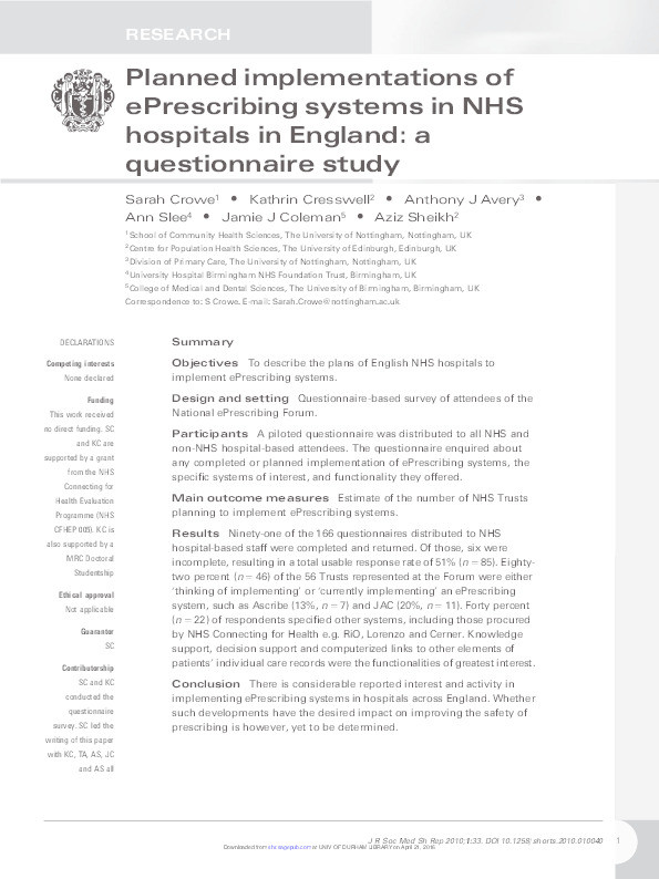 Planned implementations of ePrescribing systems in NHS hospitals in England: A questionnaire study Thumbnail