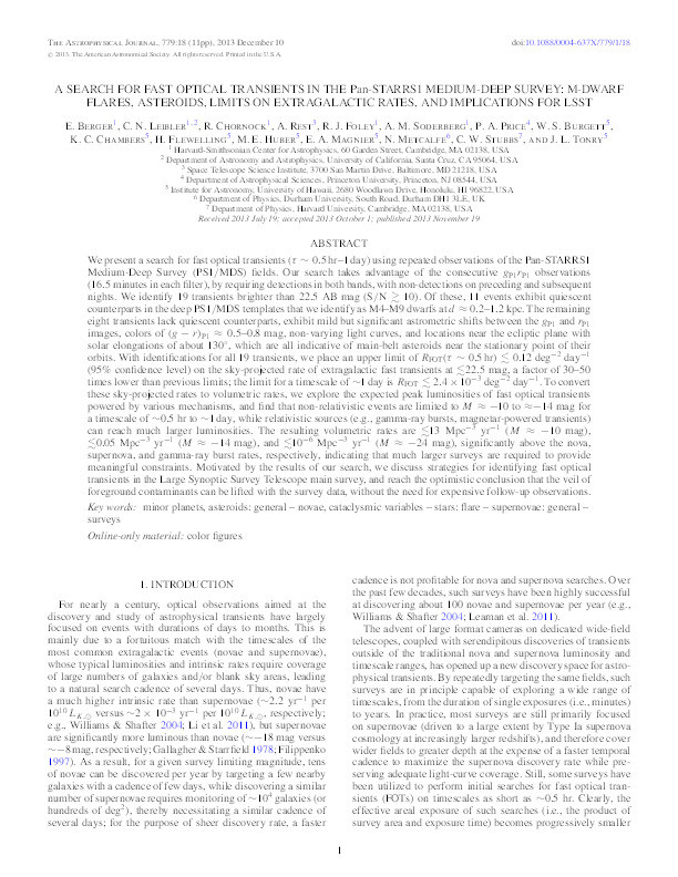 A Search for Fast Optical Transients in the Pan-STARRS1 Medium-Deep Survey: M-Dwarf Flares, Asteroids, Limits on Extragalactic Rates, and Implications for LSST Thumbnail