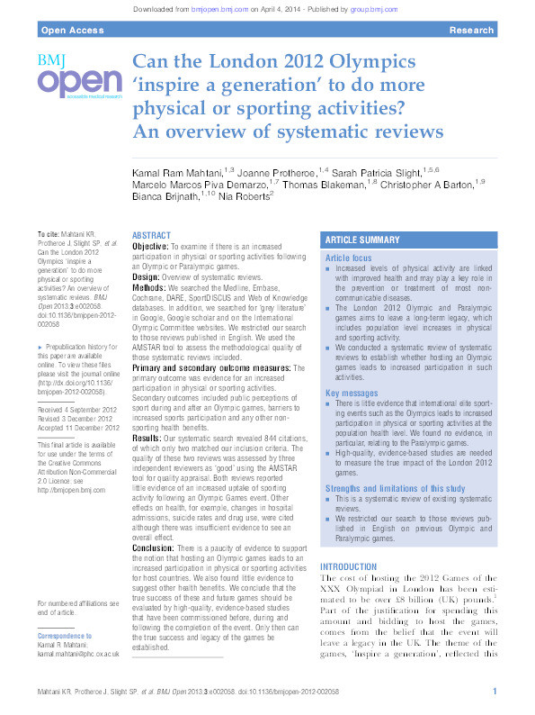 Can the London 2012 Olympics inspire a generation to do more physical or sporting activities? An overview of systematic reviews Thumbnail