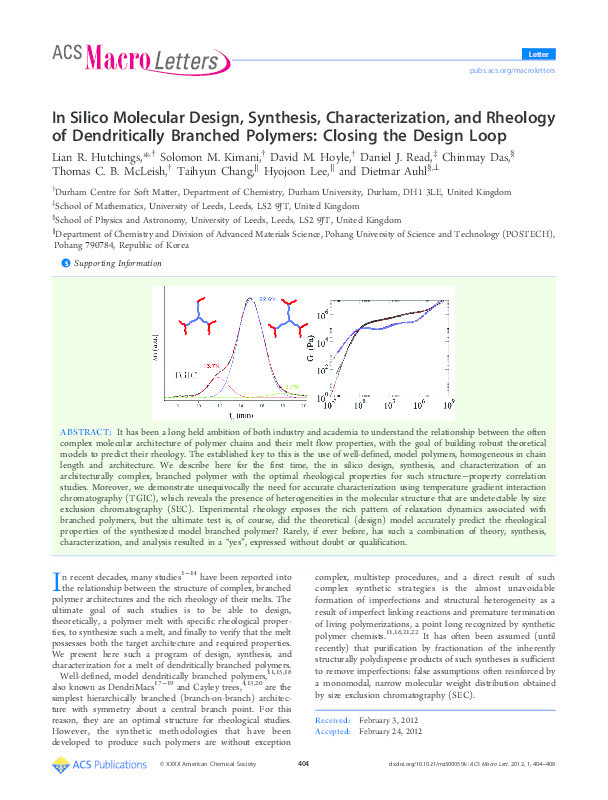 In Silico Molecular Design, Synthesis, Characterization, and Rheology of Dendritically Branched Polymers: Closing the Design Loop Thumbnail