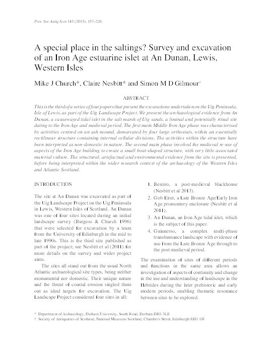 A special place in the saltings? Survey and excavation of an Iron Age estuarine islet at An Dunan, Lewis, Western Isles Thumbnail