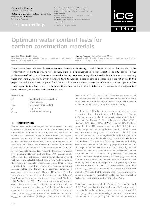 Optimum water content tests for earthen construction materials Thumbnail